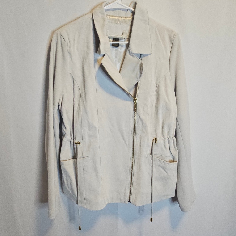IMAN Global Chic‎ Beige Cream Genuine Leather Jacket Moto Style Large